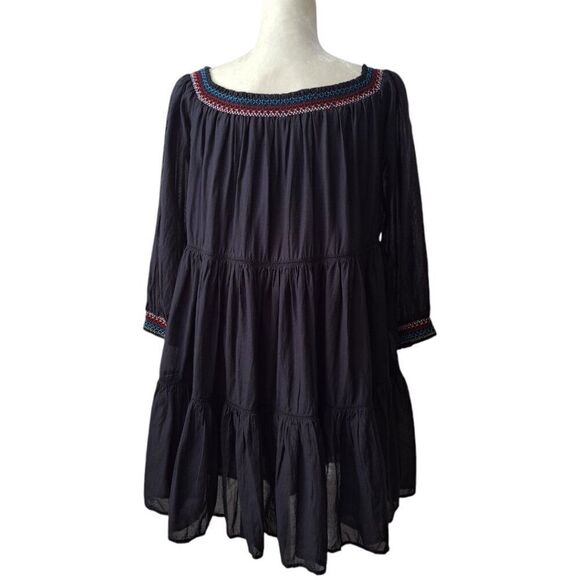 Free People Sunbeam Black Embroidered Off Shoulder Boho Peasant Tunic Dress M - Picture 7 of 9
